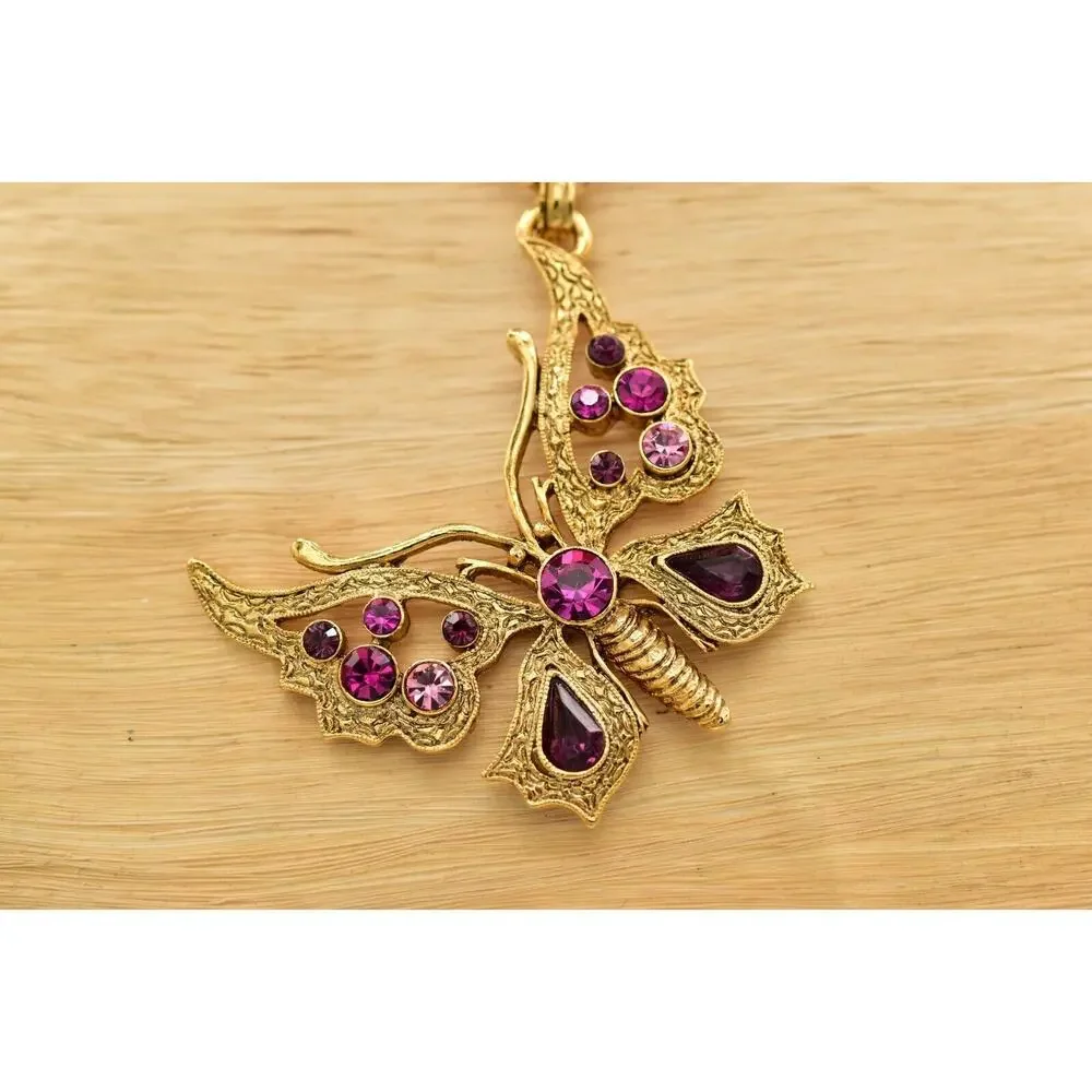 1928 Butterfly Pendant Necklace Purple Rhinestone Crystal Magenta Gold 90s BinBJ